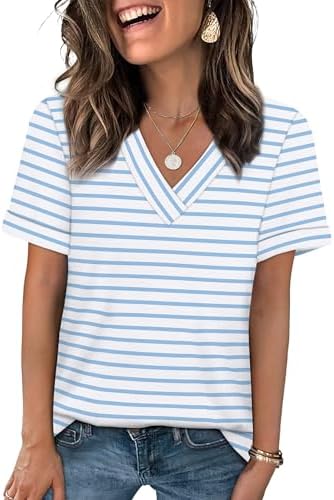 Fine white and blue horizontal stripes give this breezy V-neck tee a clean coastal look for warm afternoons.
