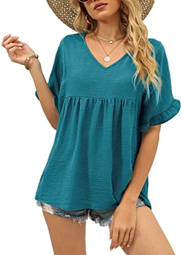 Ruffle sleeves and a soft peplum hem shape this airy sky blue top, cut loose for hot summer afternoons.