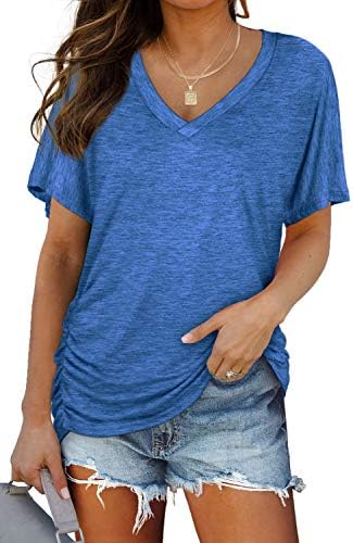Cut in a crisp solid blue, this lightweight dolman tee features subtle side shirring and a breathable rayon blend.