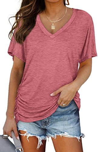 A relaxed brick red v-neck tee cut with dolman sleeves and gathered side ruching that drapes loosely through the torso.