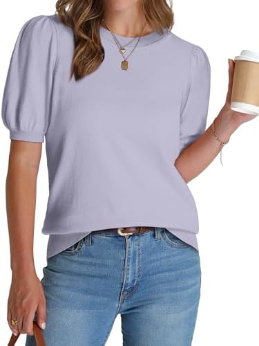 A soft knit sweater top in heathered light grey, shaped with gentle puff sleeves and a neat ribbed hem for all-season wear.