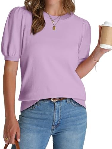 Puff sleeves add structured volume to this fine-gauge knit top, finished in light purple with a neat ribbed hem.