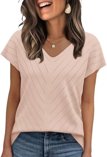 A soft apricot knit with delicate crochet details and a clean V-neck brings warm neutral polish to your summer travel days.