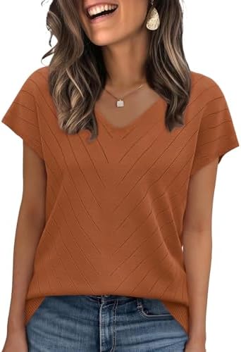 Fine gauge open crochet knit in rich caramel brown brings warmth to this easy V neck short sleeve sweater.