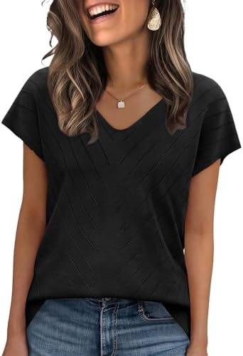 A lightweight black knit sweater with a neat V-neckline and crochet details that holds its crisp tone wash after wash.