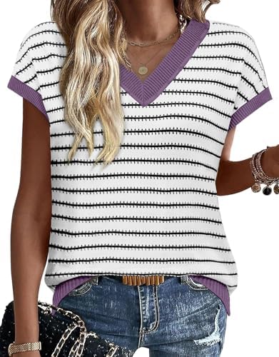 Crisp white, black, and purple stripes give this breathable crochet sweater vest a fresh, graphic contrast for warm afternoons.