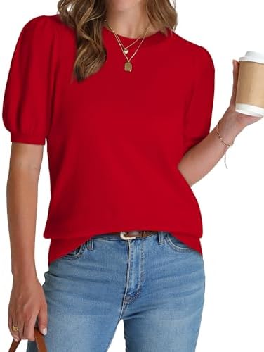A rich red knit top with gentle puff sleeves and a classic crewneck that pairs naturally with dark denim or tailored slacks.