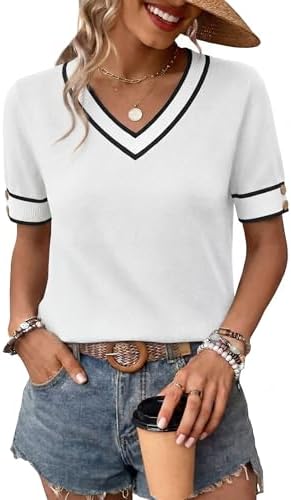 Crisp white knit meets clean black stripes in a lightweight short sleeve sweater with a neat open V neckline.