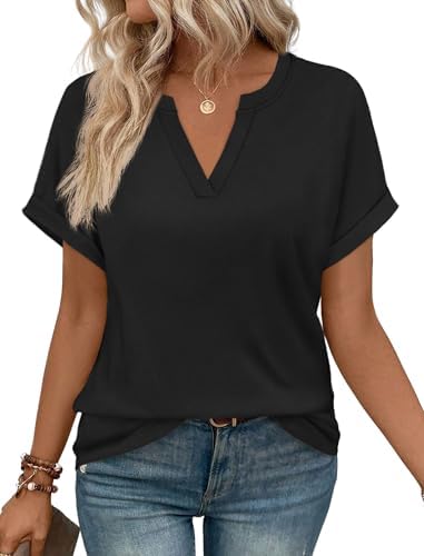 A soft black jersey tee cut with rolled cuffs, a neat V-neckline, and an easy tunic hem for everyday wear.