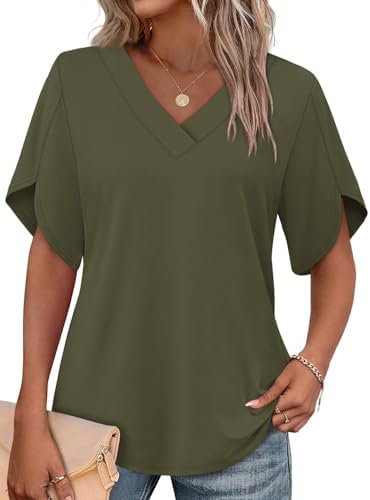 Overlapping petal sleeves and deep army green give this breezy V-neck top a relaxed look for sunny afternoons.