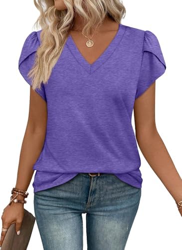 Overlapping tulip sleeves give this soft v-neck tee in vibrant violet splendor an easy, polished finish.