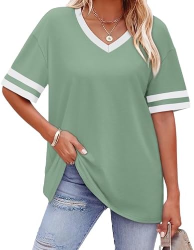 A soft light green v-neck tee cut with generous ease through the body and finished with striped sleeve bands.