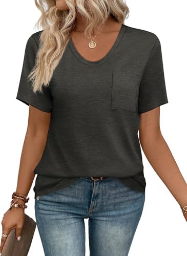 Soft knit tee in dark gray with a loose body, scoop neck, and a neat chest pocket for quick everyday wear.