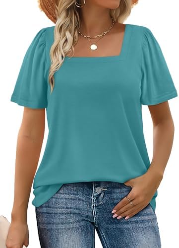 Bright turquoise brings summer energy to a soft stretch-knit top cut with a crisp square neckline and gentle puff sleeves.