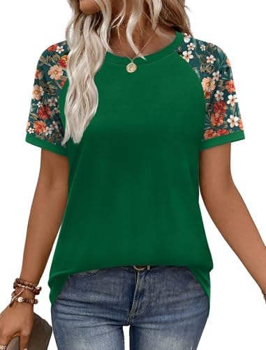 A crisp graphic print in deep green sets off the contrast raglan sleeves on this easy-fitting summer crewneck tee.