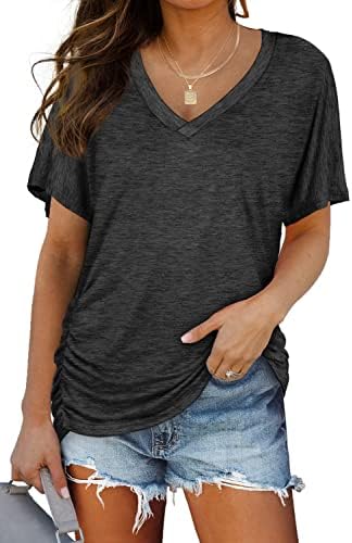 Gathered side shirring shapes this dark grey dolman top, cut in a soft, lightweight jersey knit that skims easily over shorts.