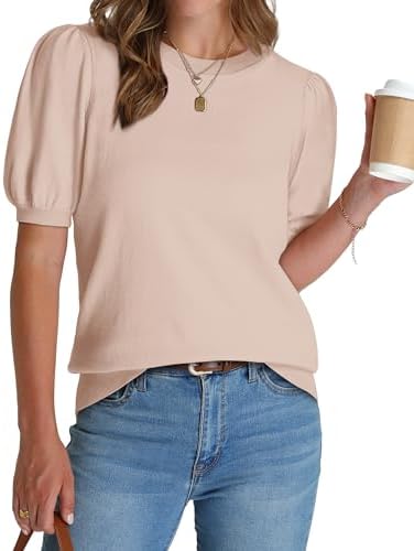 Puff sleeves and a warm apricot tone give this lightweight fine-gauge knit top a refined finish for desk days or dinners out.
