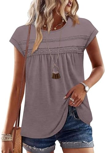 A softly gathered peplum hem and inset crochet lace trim give this mocha grey top an easy, tailored polish for weekday wear.