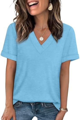 A soft light blue jersey top with a neat V-neck and rolled cuffs that brightens up standard denim cutoffs on warm days.