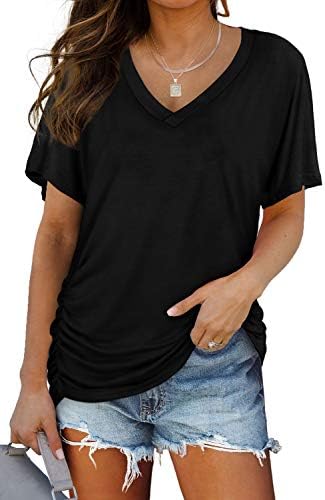 Cut with a neat V-neckline and gathered side details, this breezy black tee gives your warm-weather rotation an easy lift.