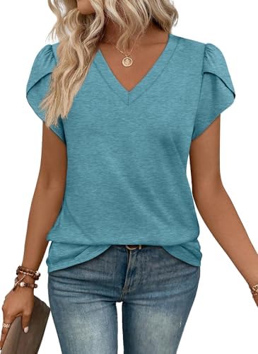 Curved tulip sleeves and a soft greygreen shade give this lightweight summer V-neck an easy, neat finish.