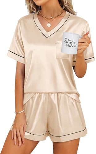 Cut from smooth polyester satin, this relaxed two-piece sleep set pairs a short-sleeve pocket top with easy elastic-waist shorts.