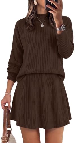 Spun from a soft brown knit, this two-piece pairing matches a neat mock neck top with an A-line skirt for cool weather plans.
