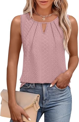 Gathered pleats fall from a keyhole neckline on this sleeveless summer top, cut long in a soft lotus pink shade.