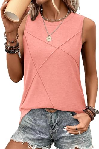 Vertical stitched lines run down the front of this vibrant coral pink tank, giving a relaxed crewneck shape subtle structure.