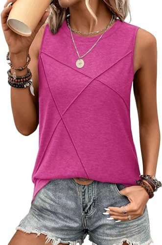 Vertical front seam lines give this loose hot pink crew neck tank clean structure for warm sunny days.