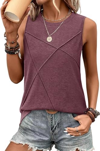 A deep wine red sleeveless tank cut in a lightweight knit with subtle textured front seam lines and a longer loose hem.