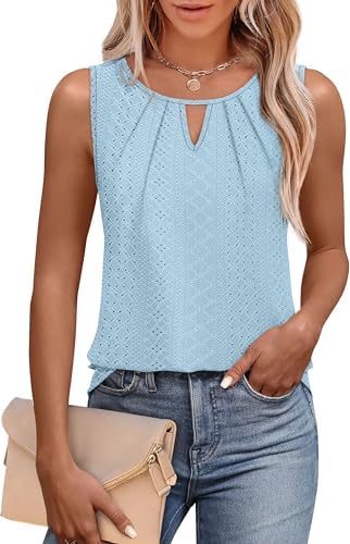 A soft light blue knit with a clean crewneck, subtle front keyhole cutout, and delicate pleating through the chest.