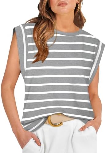 Narrow grey and white stripes give this cap sleeve tee a clean pattern that pairs easily with dark work trousers or denim shorts.