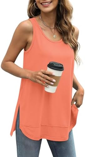 A breezy scoop tank in warm coral, cut long with exposed inside-out seaming and raw edges along the hem.