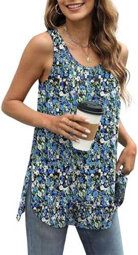 Crisp blue florals cover this breezy scoop-neck tank, finished with subtle raw hems and side vents.