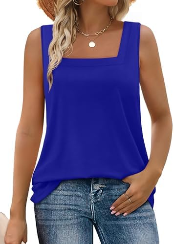 A square-neck blue tank cut with an easy curved hem that stays breezy through warm summer days and travel itineraries.