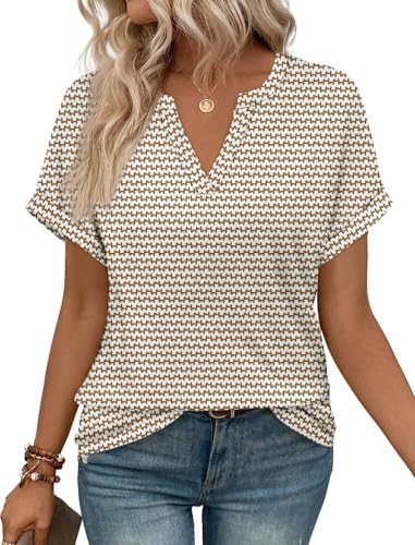 Geometric lines in warm neutral beige bring fresh texture to our loose V-neck summer blouse.