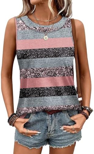 Woven with narrow pink stripes, this crewneck summer tank finishes with a gentle curved hem that drops lower in the back.