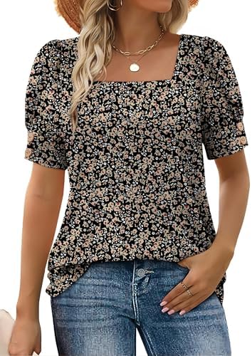 Sprigged floral print on black grounds this square neck blouse, finished with button-accented puff sleeves for warm sunny days.