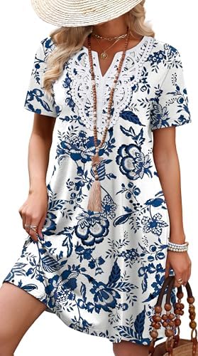 Intricate lace traces the V-neckline of this sleeveless midi dress, cut in a detailed blue ethnic floral print with deep pockets.