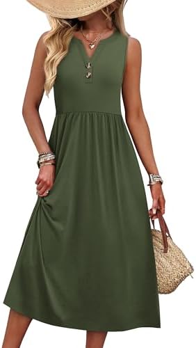 A relaxed sleeveless maxi in rich army green, finished with a buttoned V-neck, curved hem, and side slit.