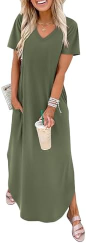 A relaxed army green midi dress cut in soft jersey with short sleeves and a breezy side slit for warm afternoons.