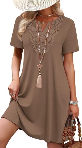 A soft floral midi dress in warm coffee brown, finished with delicate lace along the v-neck for sunny afternoons.