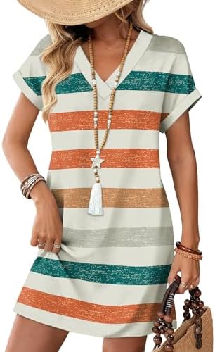 Horizontal orange stripes give this soft jersey t-shirt dress a sunlit look with a relaxed v-neck and handy side pockets.