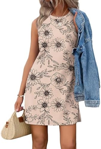Soft beige backdrop dotted with muted flowers gives this breezy T-shirt knit dress a calm look for warm-weather travel.