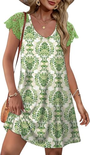 Lush botanicals across soft green ground this flowy mini dress, cut straight through the body with short lace-trimmed sleeves.