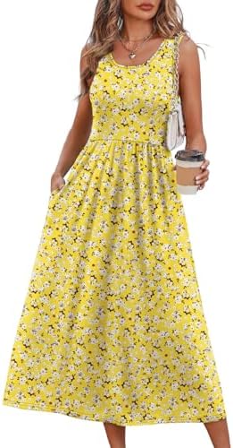 Splashed in cheerful yellow and white florals, this sleeveless midi dress pairs a scoop neck with a swishy A-line skirt.