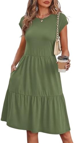 Tiered panels in deep army green give this breezy cap-sleeve dress an easy swing that works through summer and early fall.