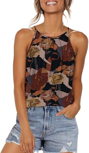 Gathered front pleats meet a soft khaki floral print on this breezy halter-neck camisole cut with an easy curved hem.