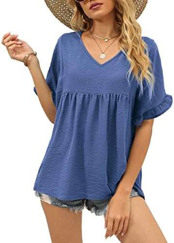 Flutter sleeves and a deep navy blue hue give this breezy peplum top a crisp finish that pairs easily with denim shorts.
